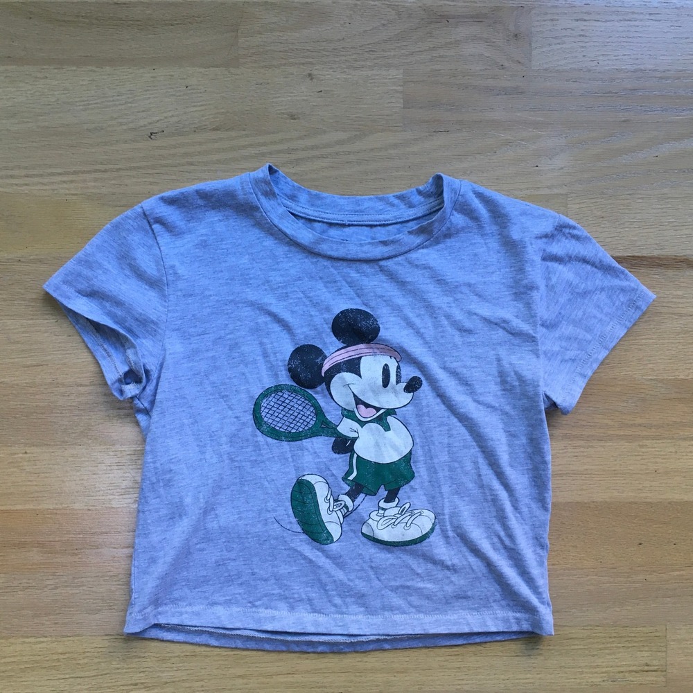 Disney Mickey Mouse Tennis Graphic Crop Top Heather Gray Small